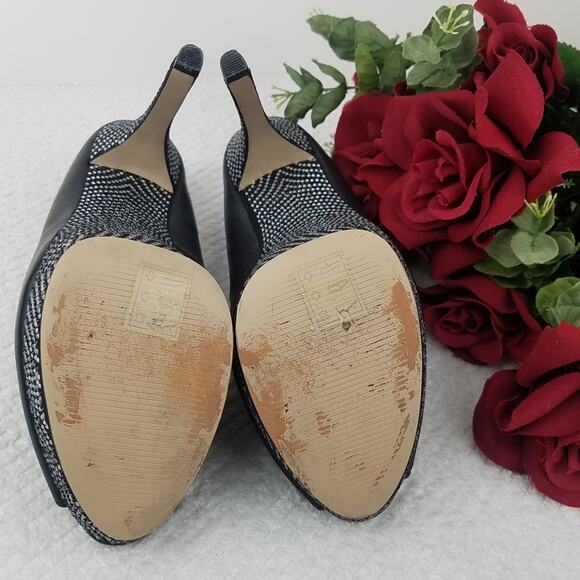 Aldo Platform Stiletto Pumps Size 8.5 Black Leather Rhinestones Peep Almond Toe - Picture 7 of 16